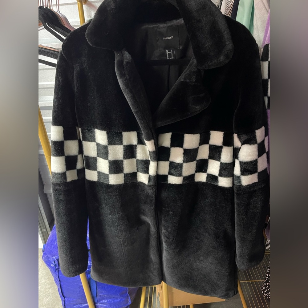 Black Faux Fur Checkboard Coat